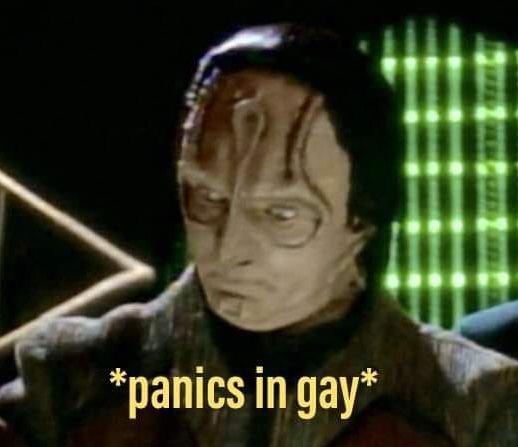 The meme is an image of a character from the TV show "Star Trek: The Next Generation" named Lieutenant Worf, who is a Klingon warrior. He is depicted with a worried and anxious expression on his face. The text overlay on the image reads "*panics in gay*" which is a humorous way of saying "I'm panicking in a gay bar" or "I'm freaking out in a gay setting".